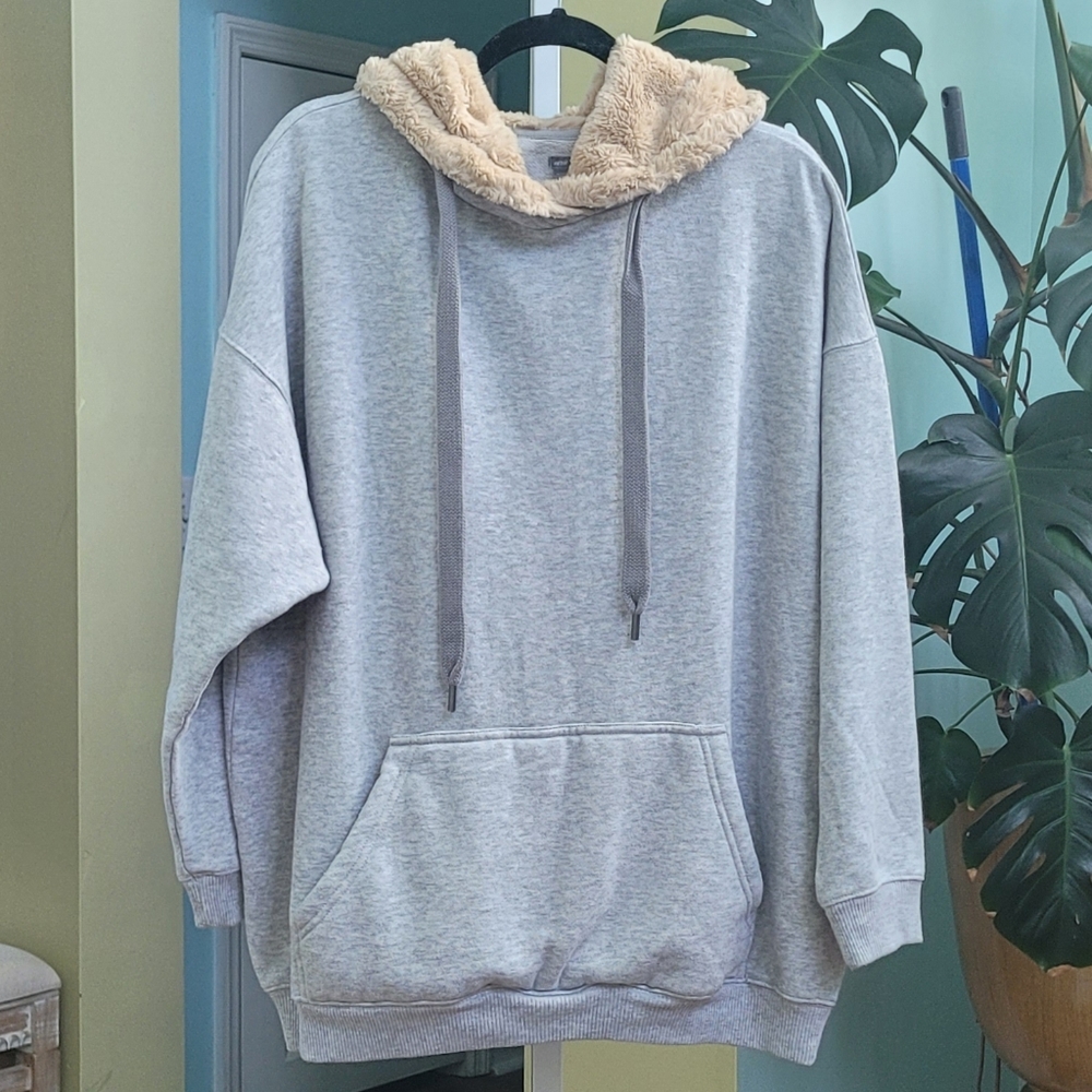 Aerie Gray Oversized Pullover Hoodie Faux Fur Lined Hood Sweatshirt Size Medium